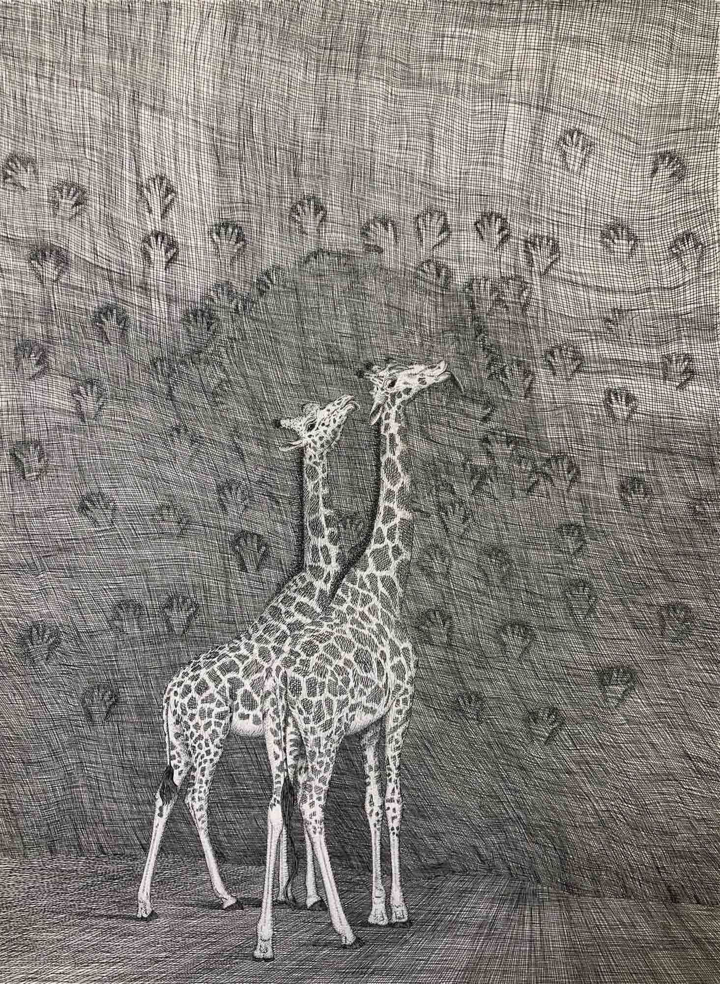 Mark Alexander's ink sketch: Two giraffes amid patterned background with repeating handprints.