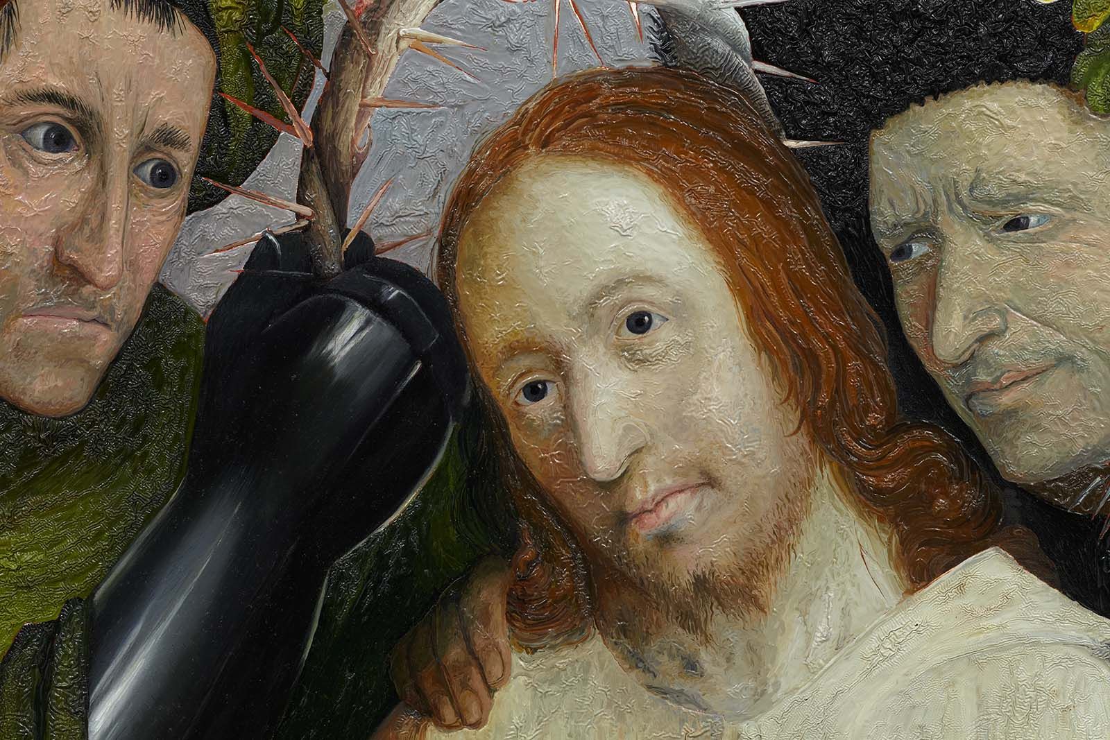 An interpretation by Mark Alexander of "Christ Mocked" originally by Hieronymus Bosch, showcasing five figures. (Detail)
