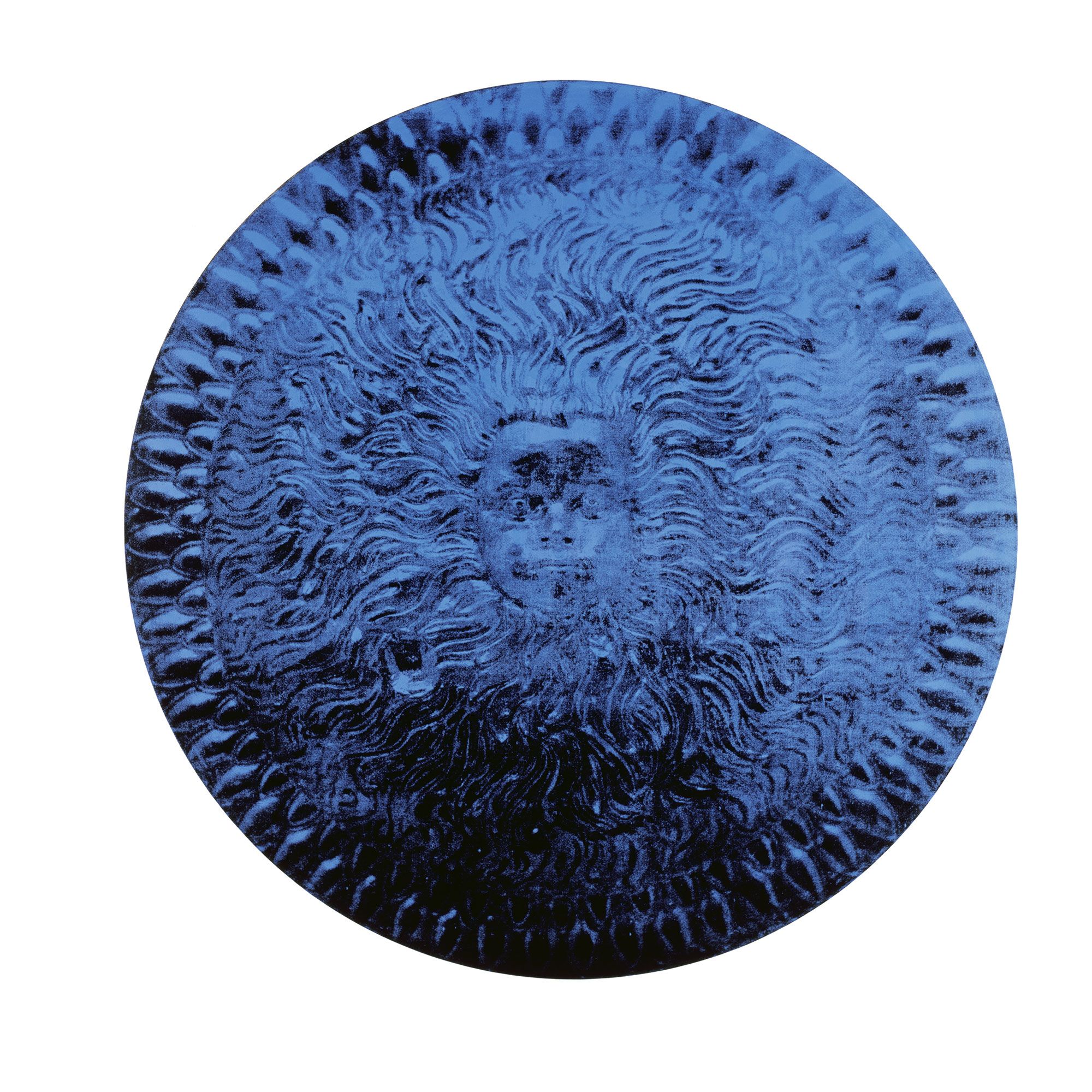 Oil on round canvas painting of a child's face in centre of Greek battle shield (blue version).