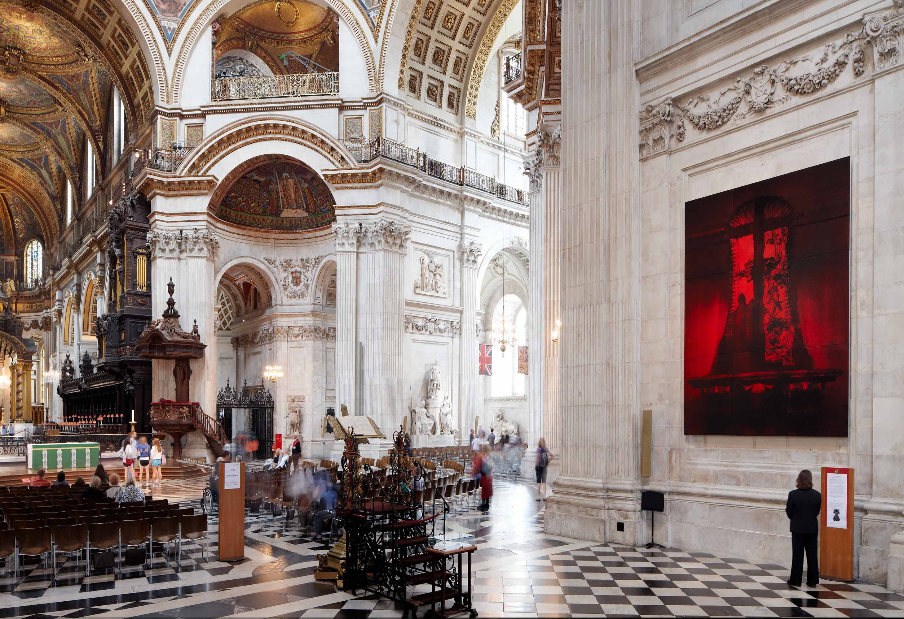 Installation shot inside St Pauls Cathedral of Mark Alexander's Red Mannheim painting. 