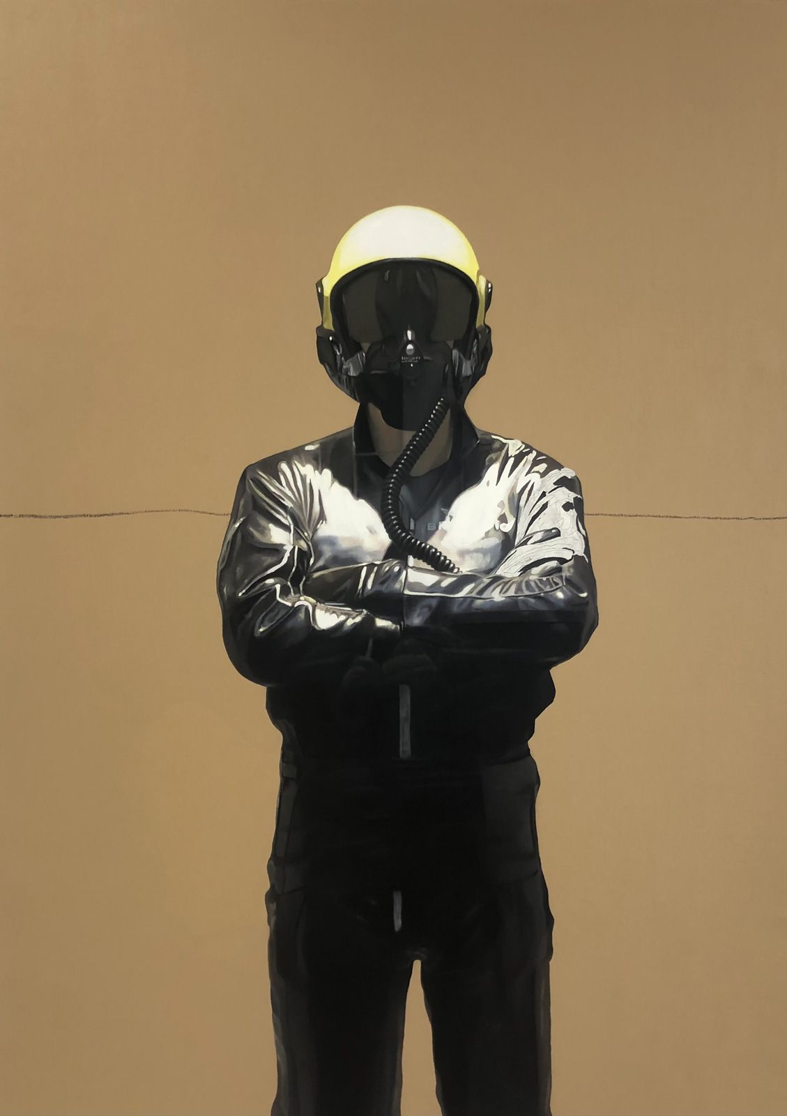Mark Alexander's oil painting depicts a figure in a reflective suit and helmet against a tan backdrop.