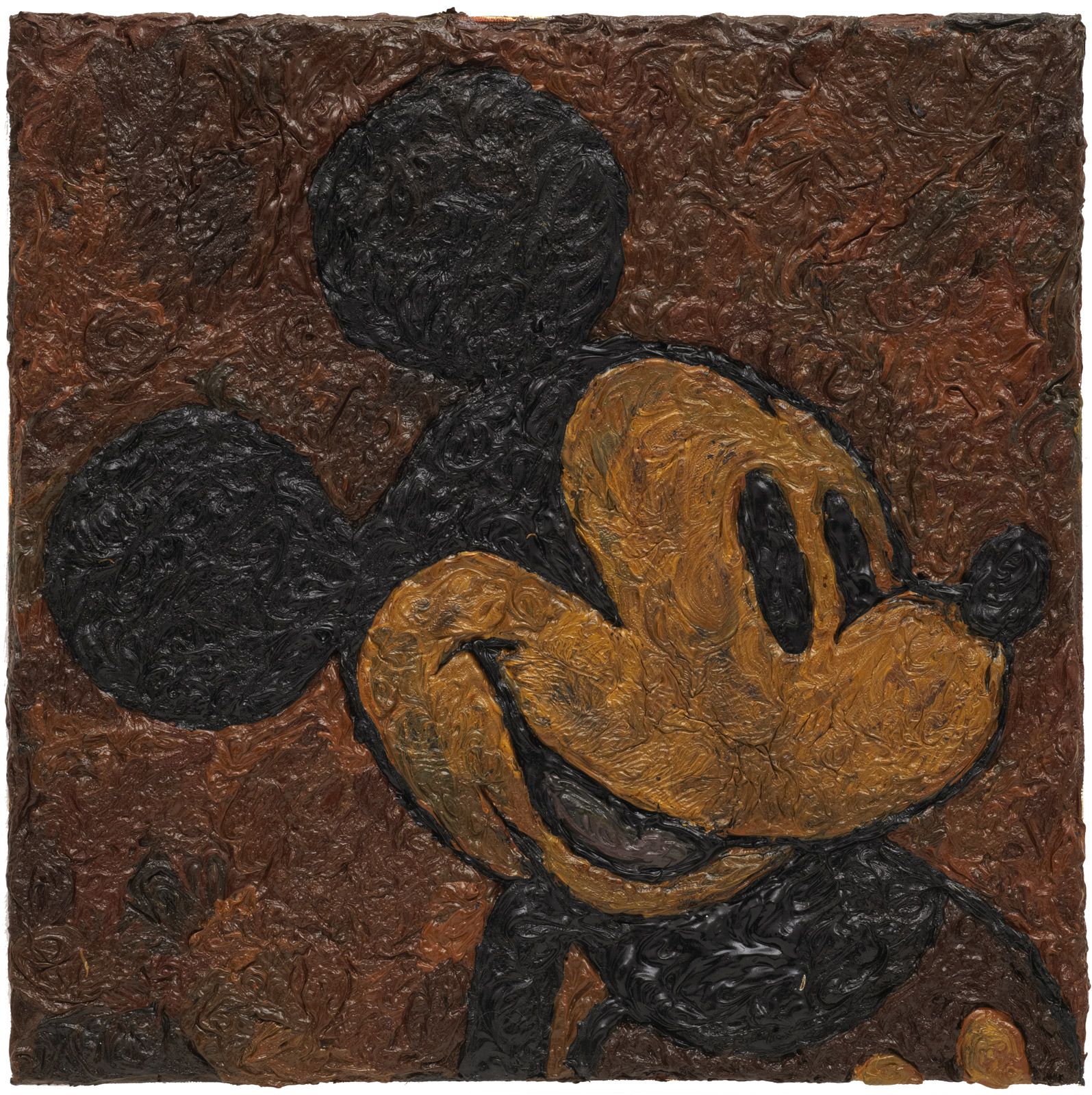 Study of Mickey Mouse painting by Mark Alexander in dark colours.