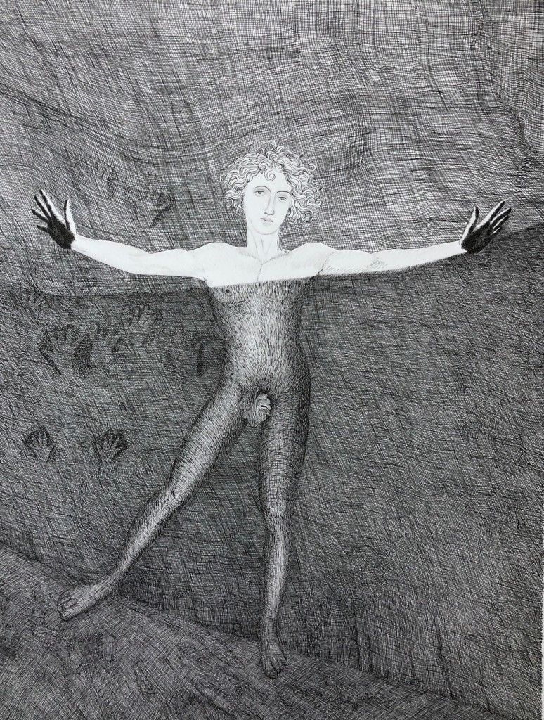 Figure with arms outstretched in a cave.