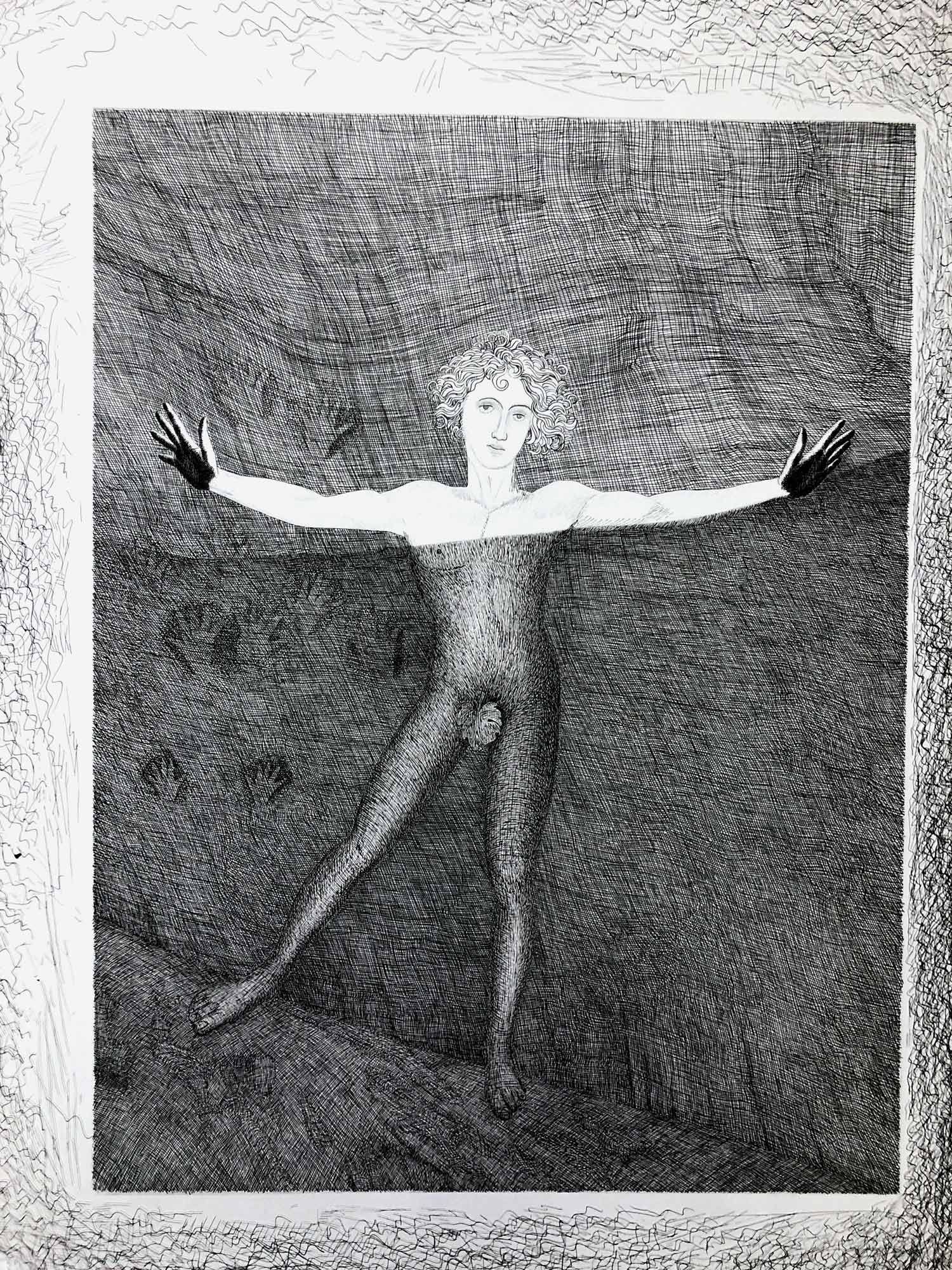 Pen and ink drawing by Mark Alexander; ethereal figure with curly hair spreads arms amidst textured background.