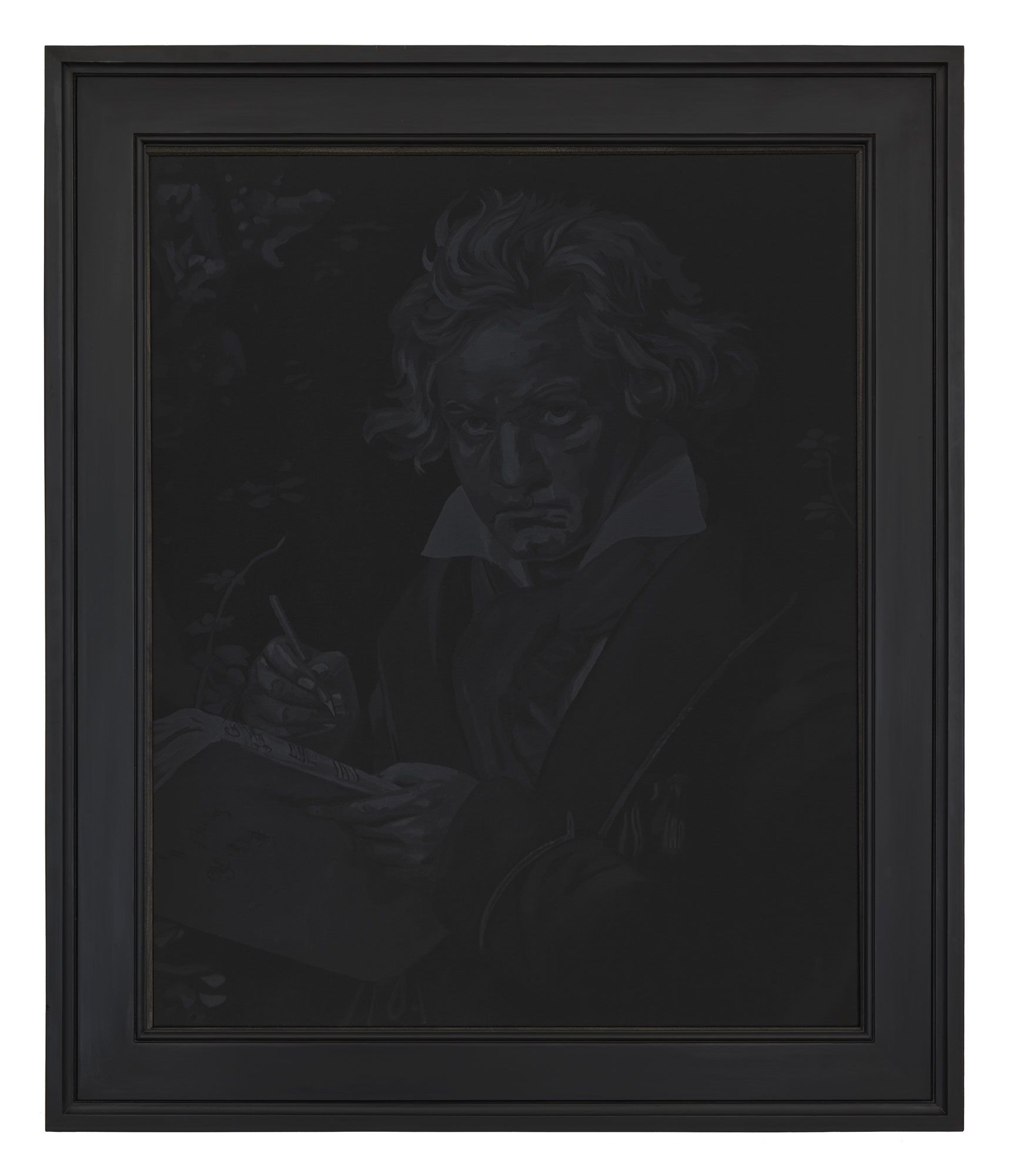Black oil paining in black frame of Beethoven based on Joseph Karl Stieler classic image.