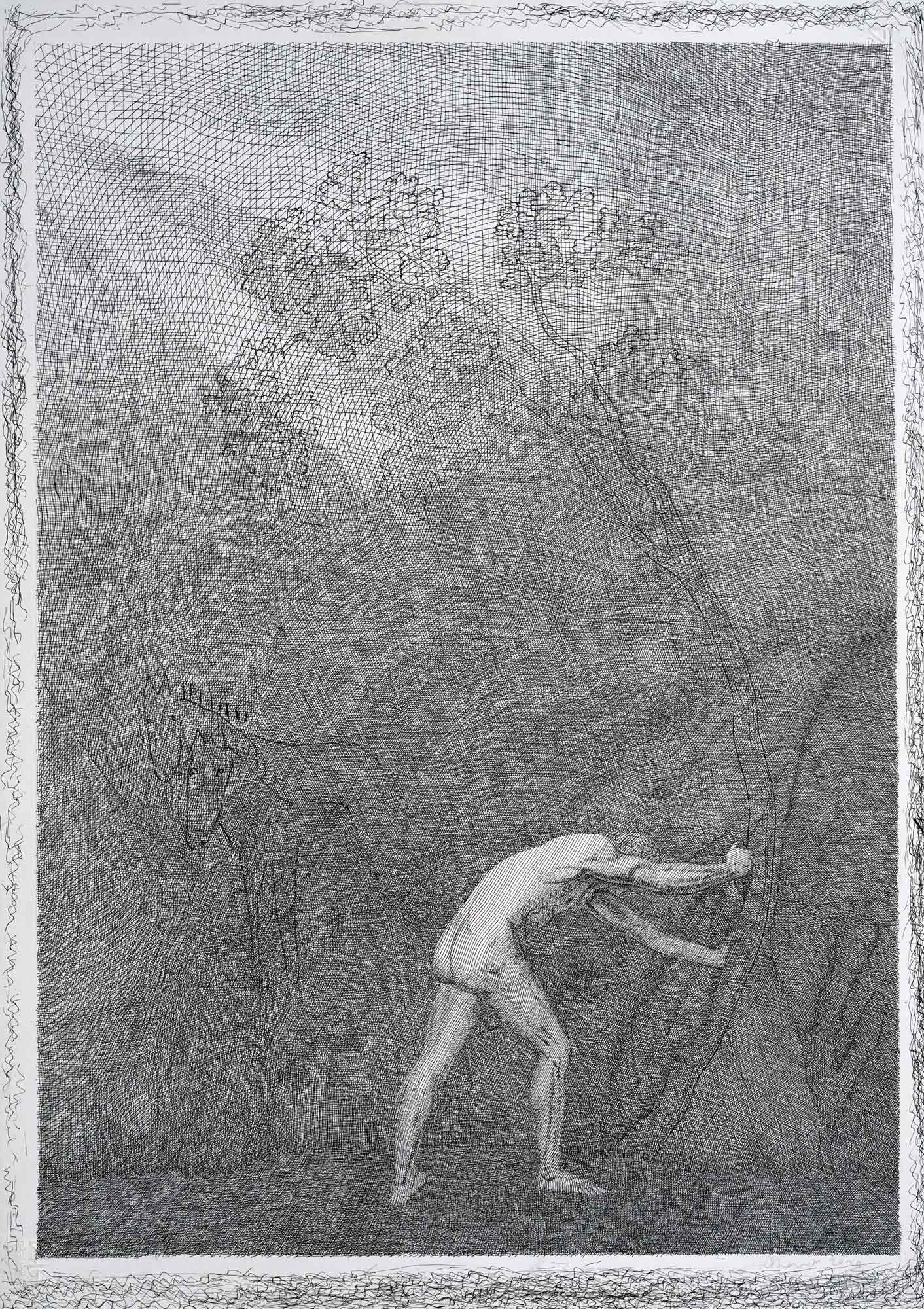 Mark Alexander's pen and ink drawing: Buff figure pushes against cave wall, sunlight beams to his left.