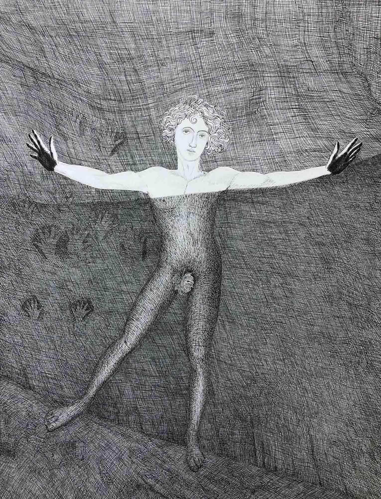Pen and ink drawing by Mark Alexander; ethereal figure with curly hair spreads arms amidst textured background.