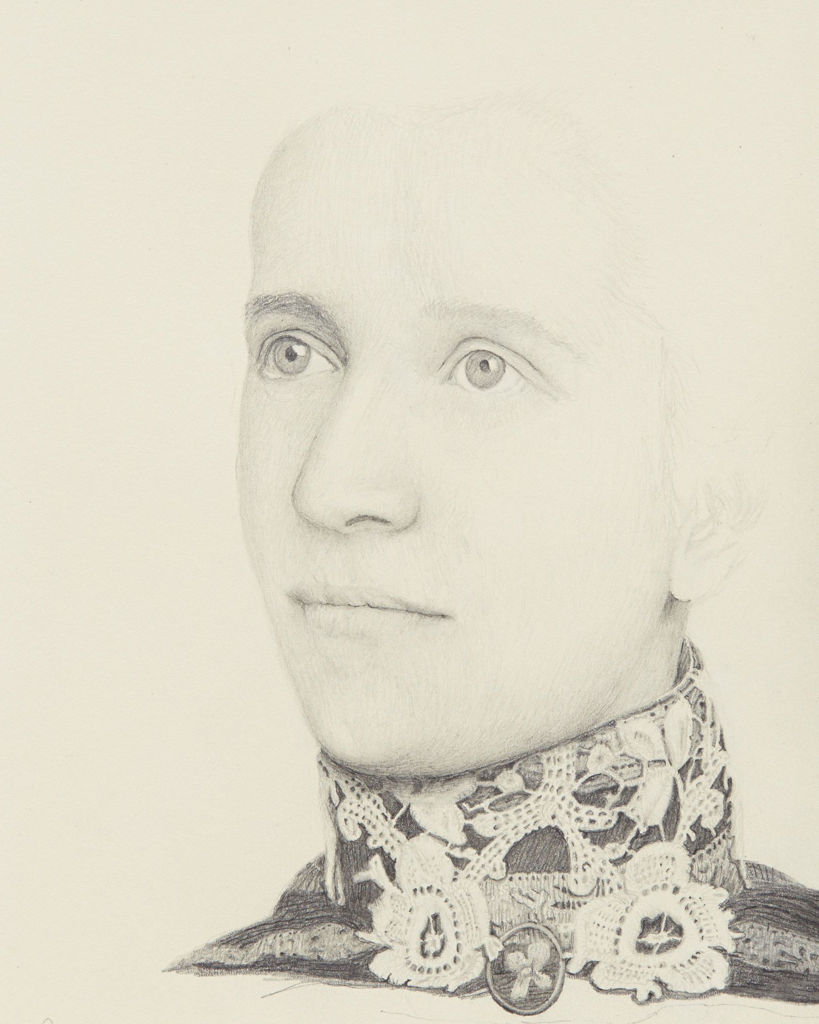 Detailed pencil drawing of a person's face, focusing on the eyes and nose, with a lace-adorned collar and a button detail.