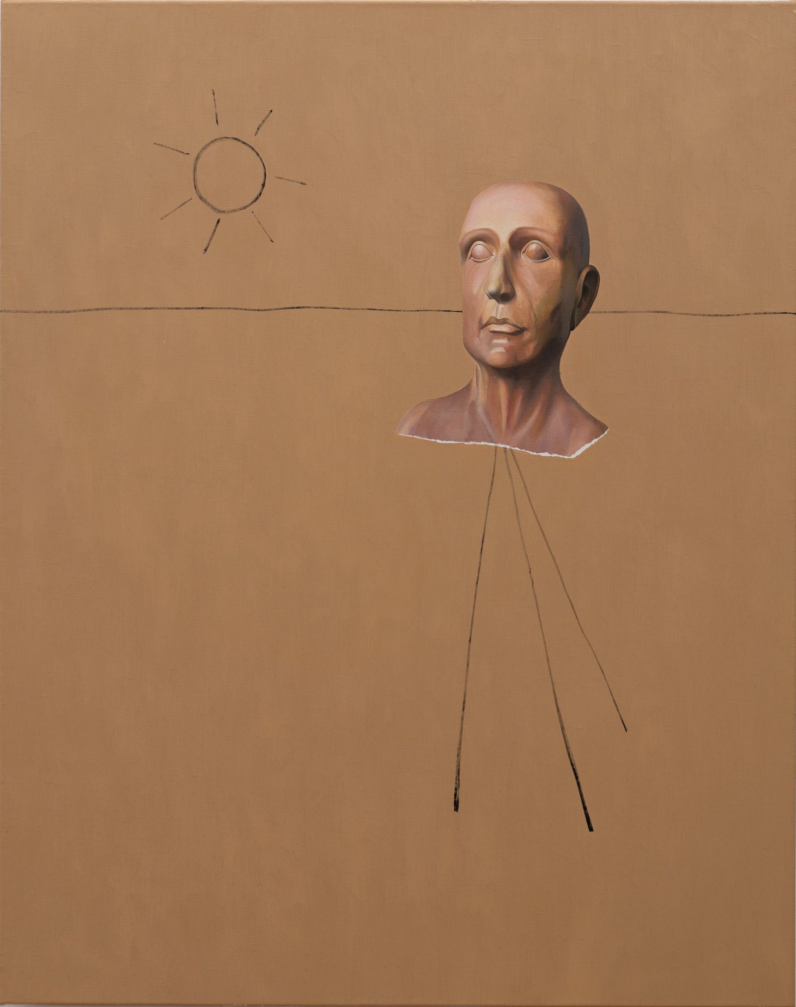 Mark Alexander's oil painting showcases a bronze bust of a man against a tan background, with a sun above.
