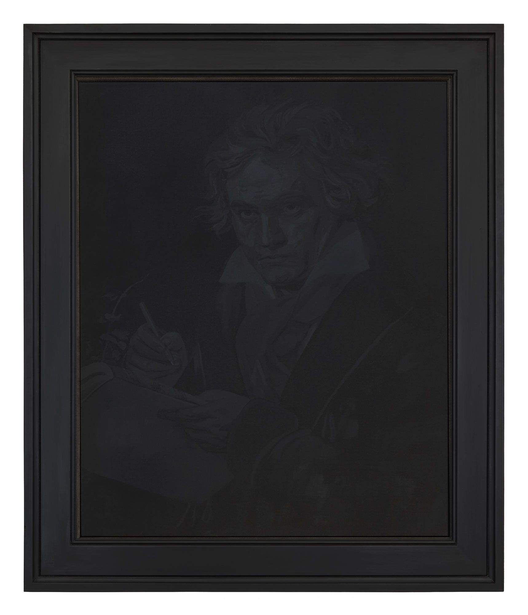 Black oil paining in black frame of Beethoven based on Joseph Karl Stieler classic image.