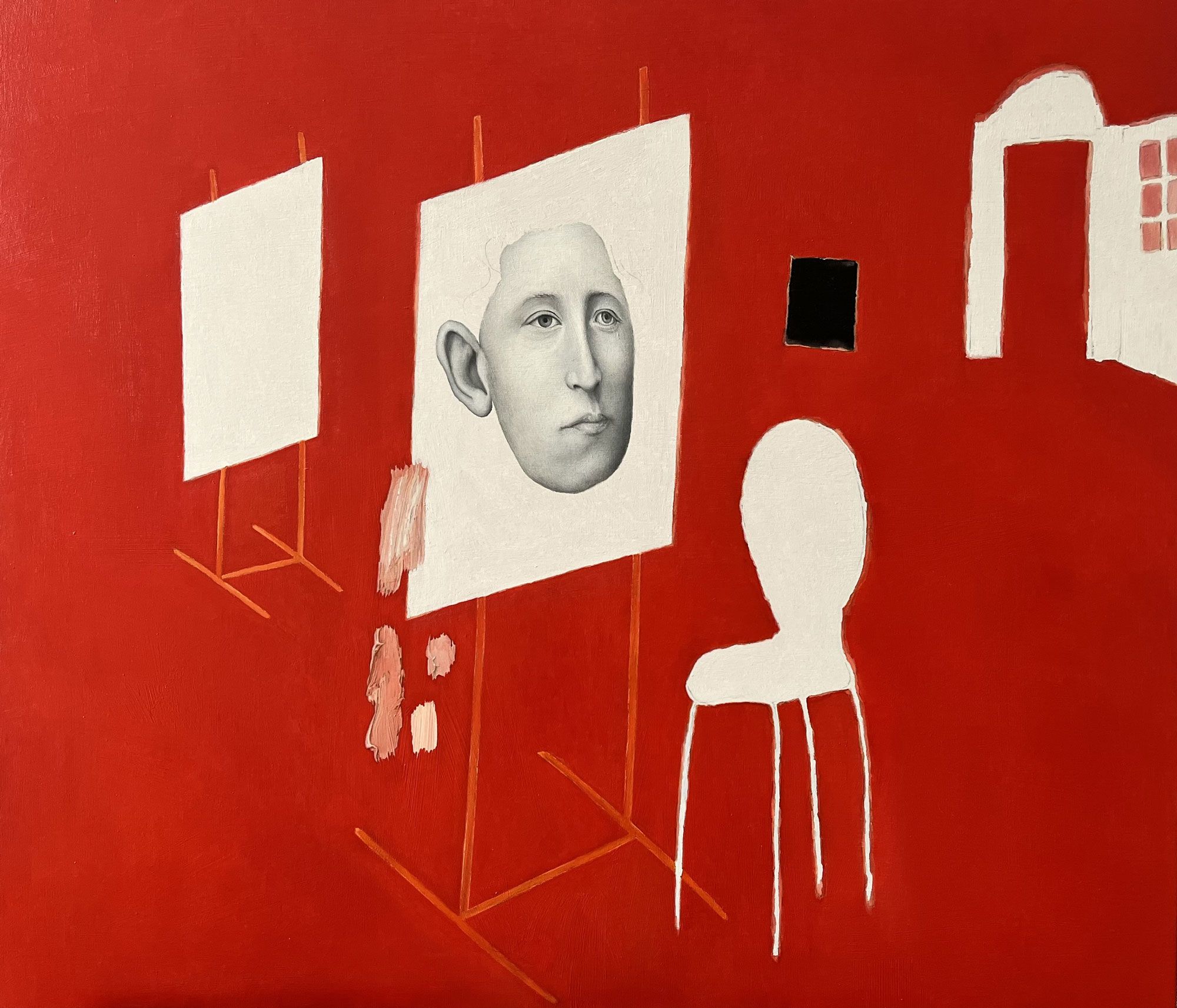Mark Alexander's oil on canvas: vivid red room with monochrome portrait, white easel, and abstract elements.