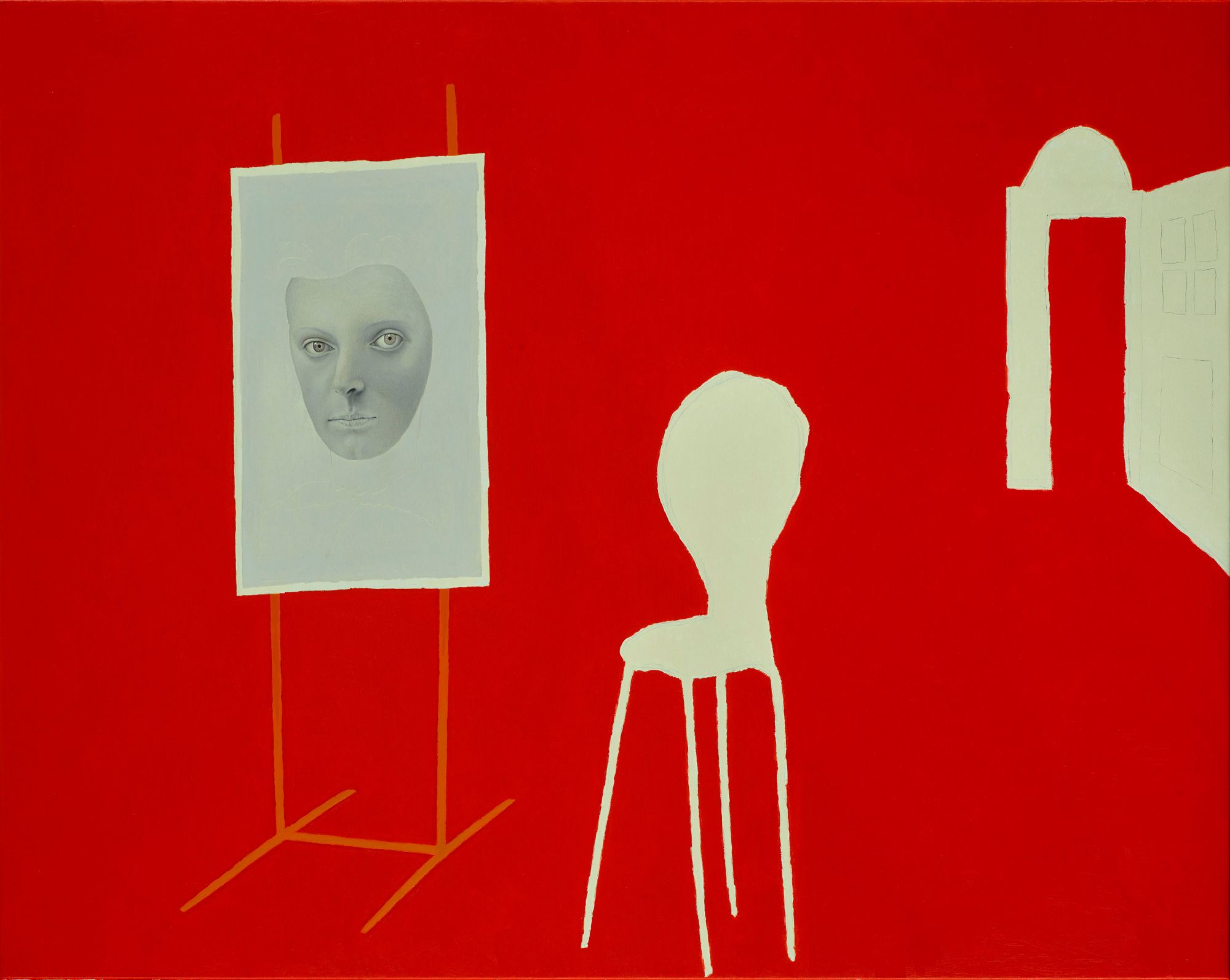 Mark Alexander's oil on canvas: striking red backdrop with a pale monochrome face portrait and abstract forms.