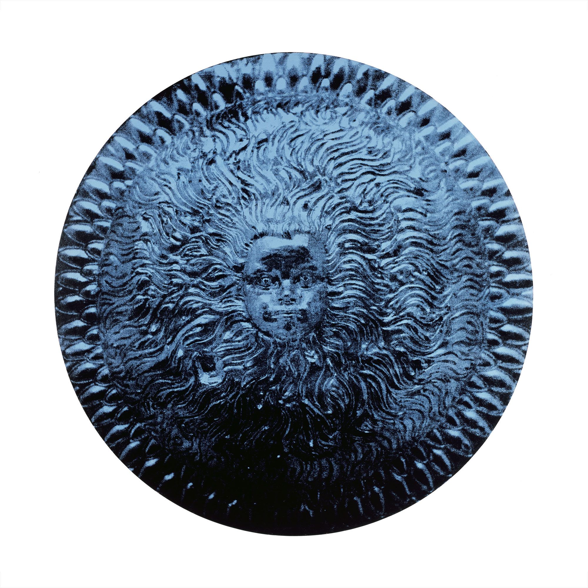 Oil on round canvas painting of a child's face in centre of Greek battle shield in blue.