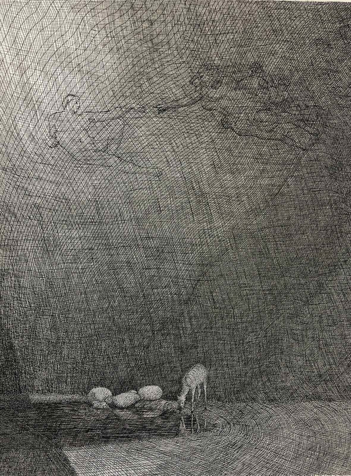 Mark Alexander pen and ink: Deer by water in cave, intricate grid shading with faint overhead figures.