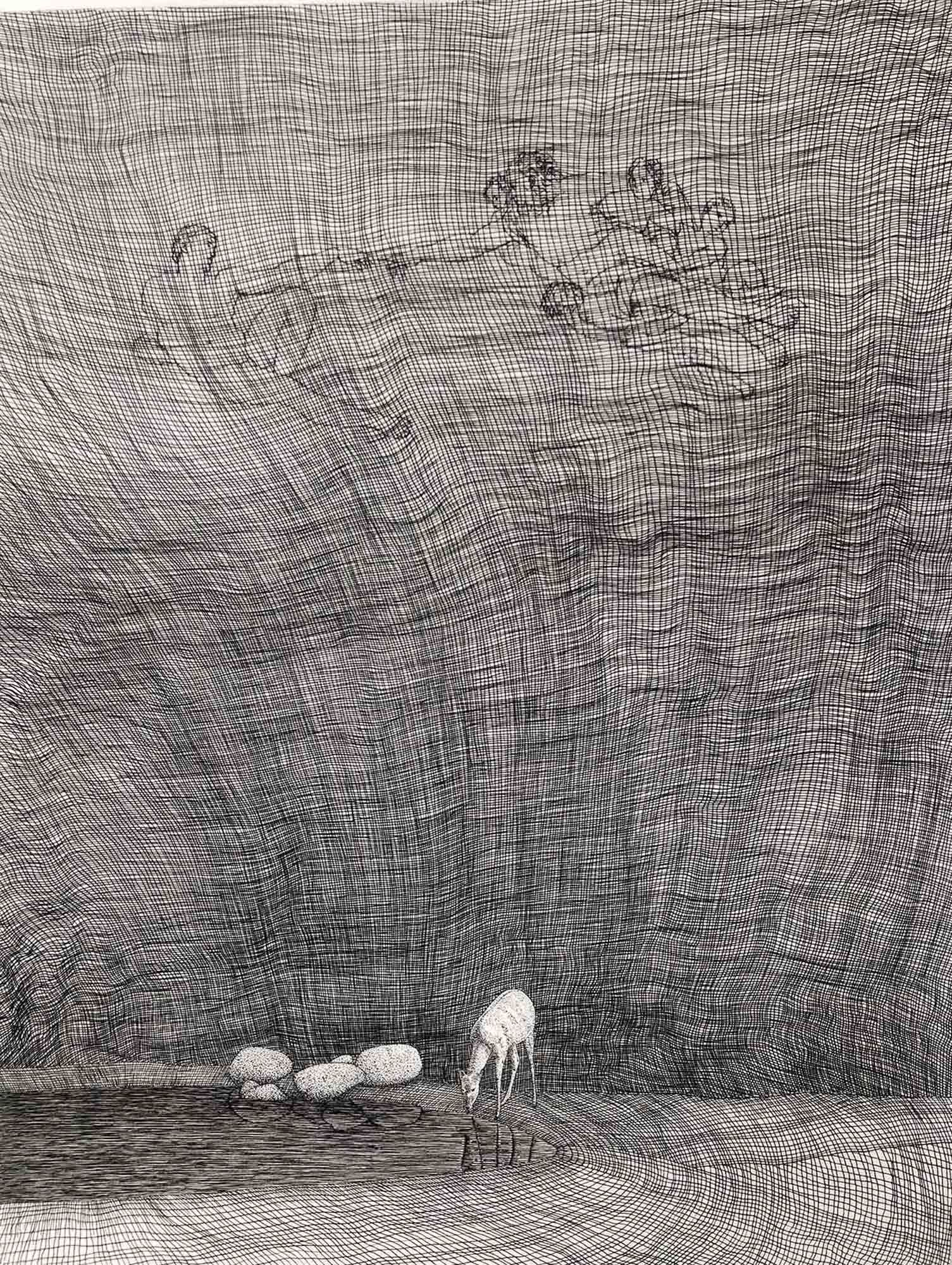 Mark Alexander's pen and ink art: Deer sips from cave pool, faint outline of 'Creation of Adam' above.