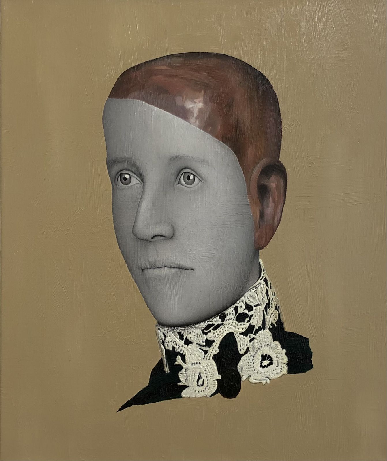 Mark Alexander's oil painting showcases a monochromatic face with a contrasting textured lace collar.