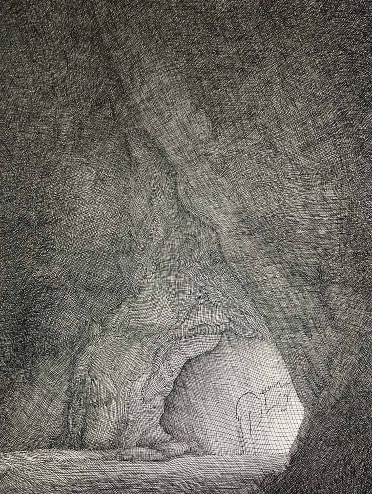 Mark Alexander's ink drawing: Horse nestled within textured cave, intricate shading and detail.
