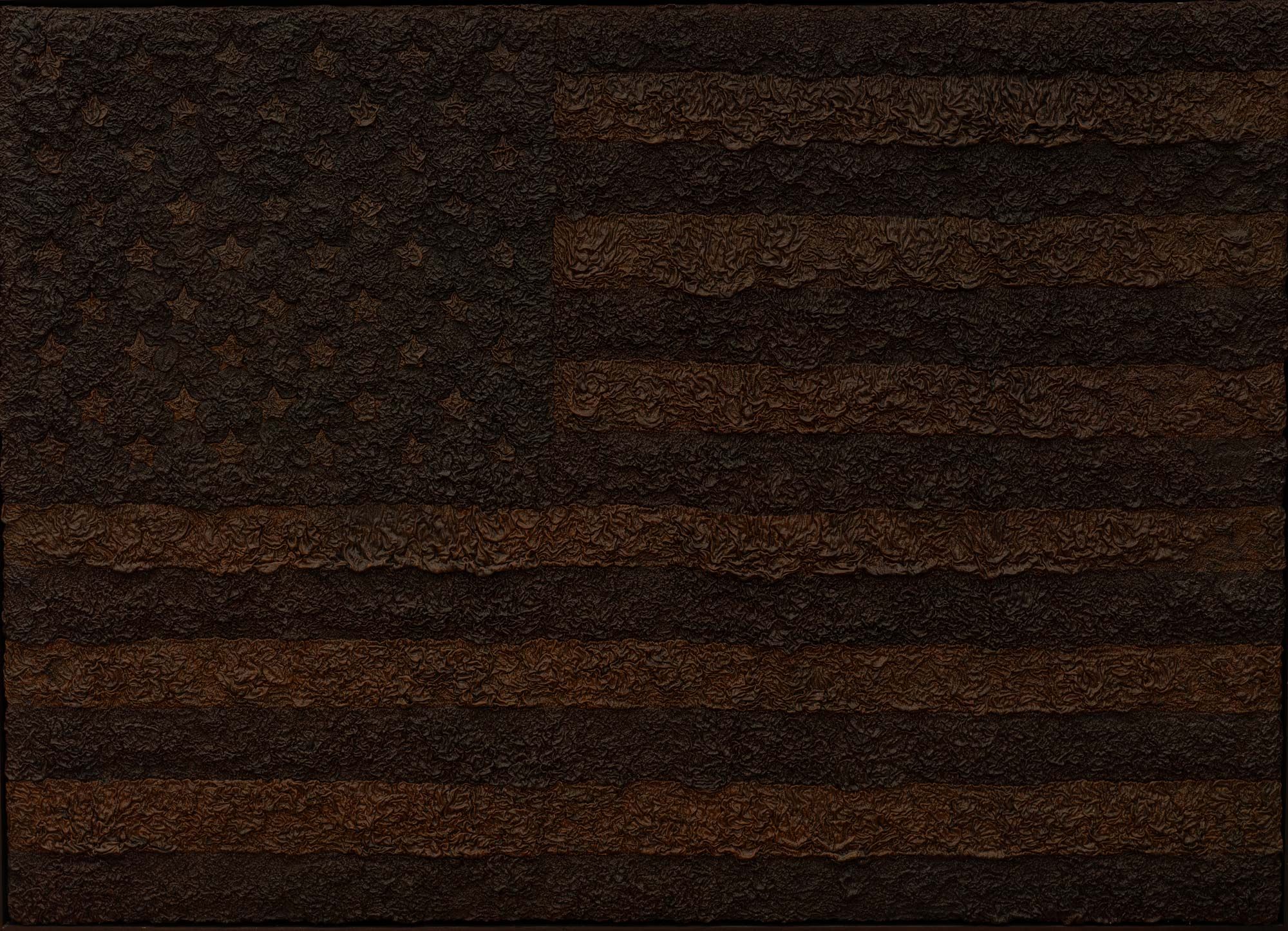 American flag painted in very thick oil paint , various shades of black , getting more and more wrinkled and darker over the years
