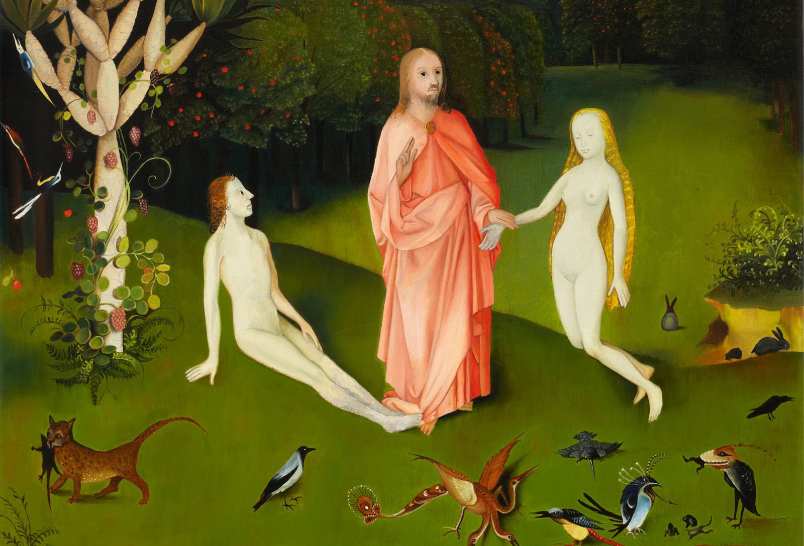Intricate reimagining of Hieronymus Bosch’s magnum opus, "The Garden of Earthly Delights" (1490-1510) - God with Adam and Eve.