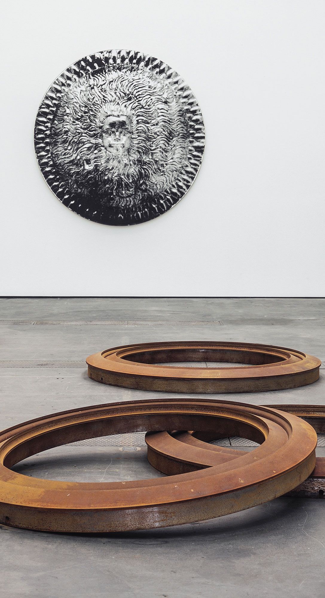 Five rusted steel in an exhibition space in front of Mark Alexander's Shields of  Achilles.