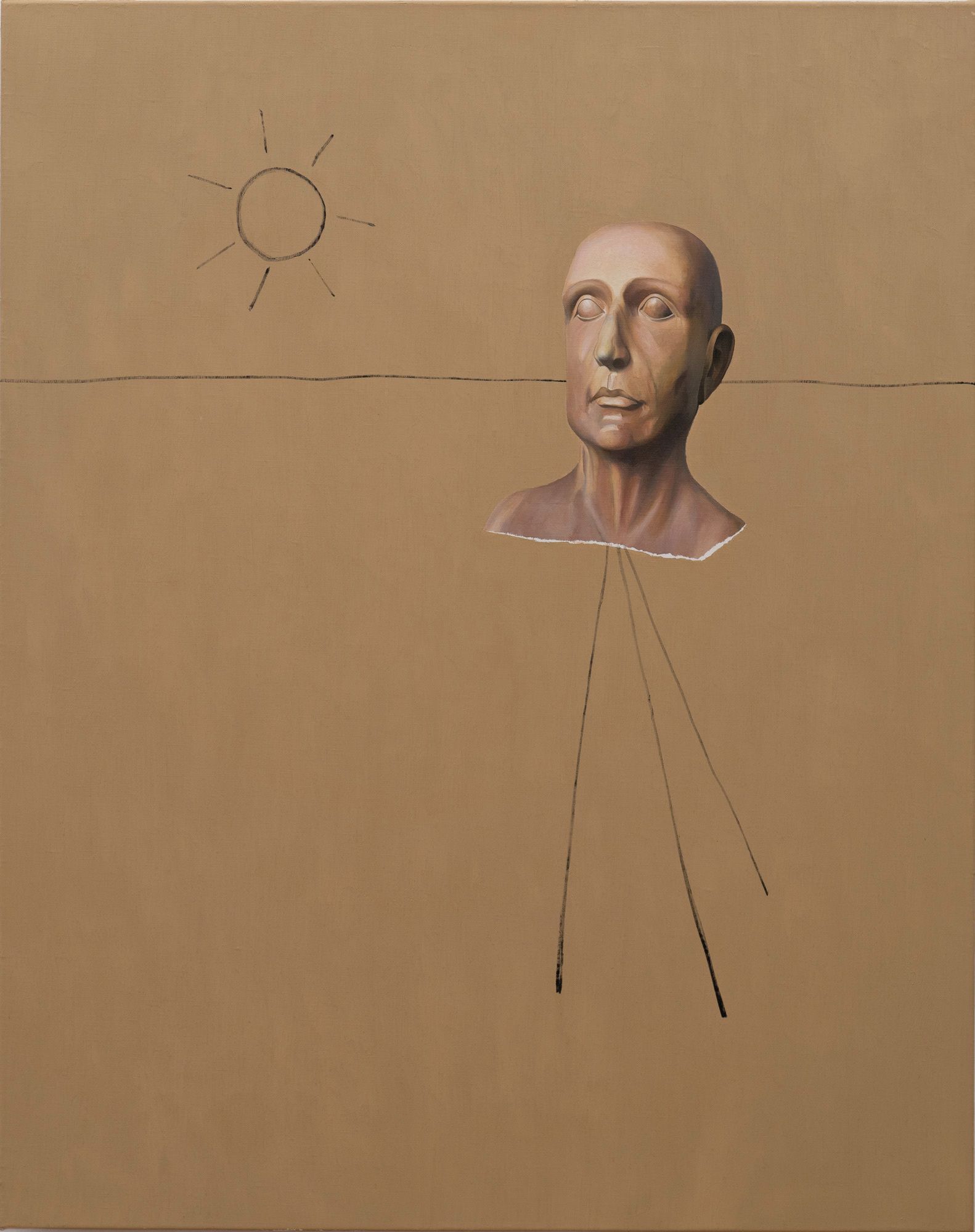 Mark Alexander's oil painting showcases a bronze bust of a man against a tan background, with a sun above.