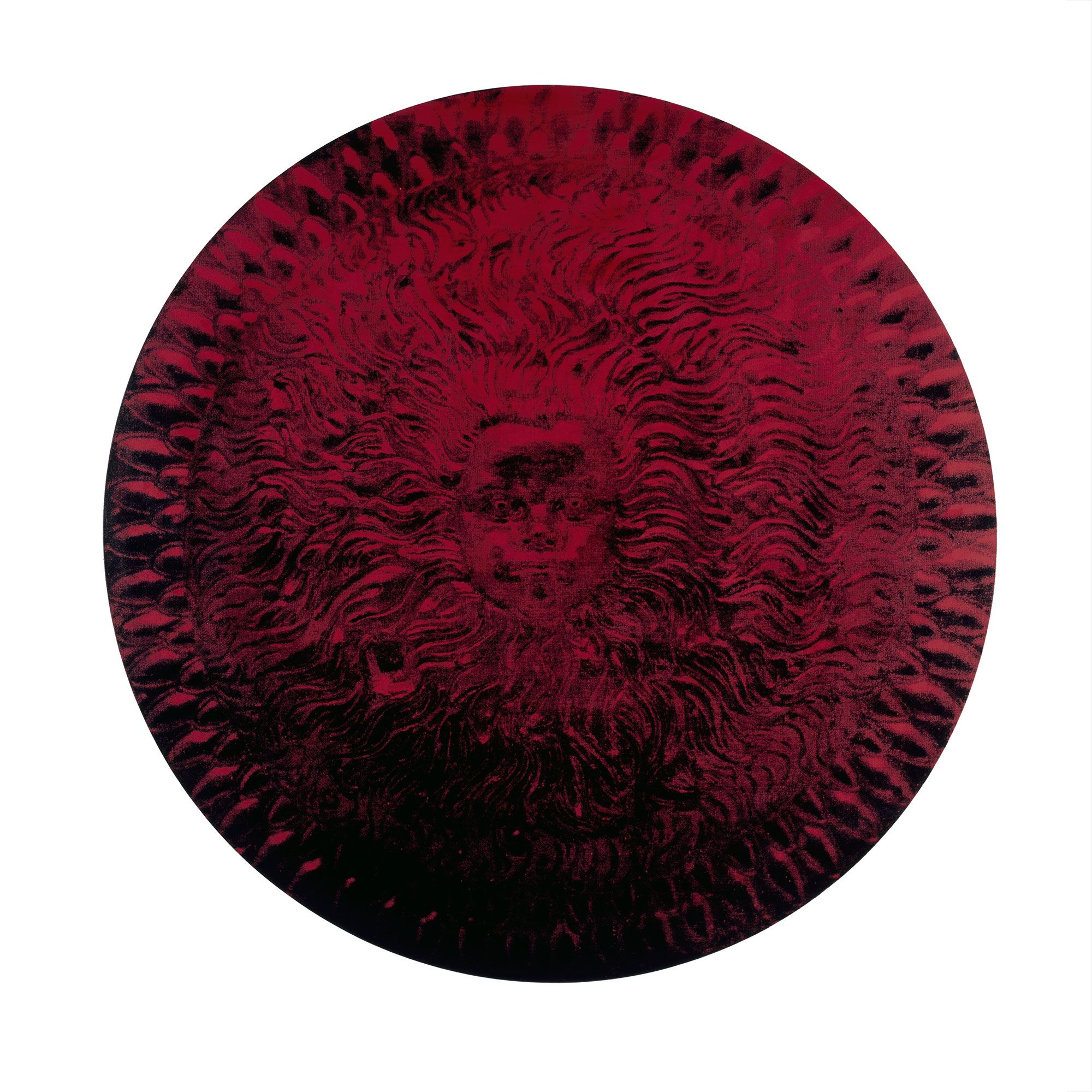 Oil on round canvas painting of a child's face in centre of Greek battle shield. (red version)