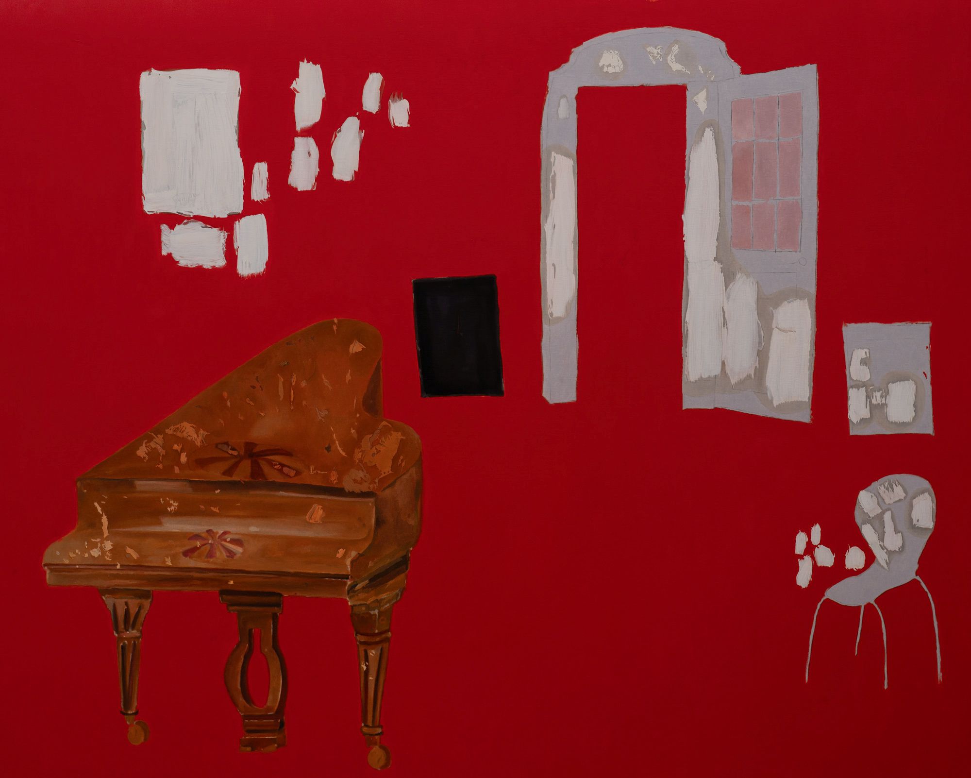 Mark Alexander's oil on canvas: vibrant red scene with ornate grand piano and abstract white architectural elements.