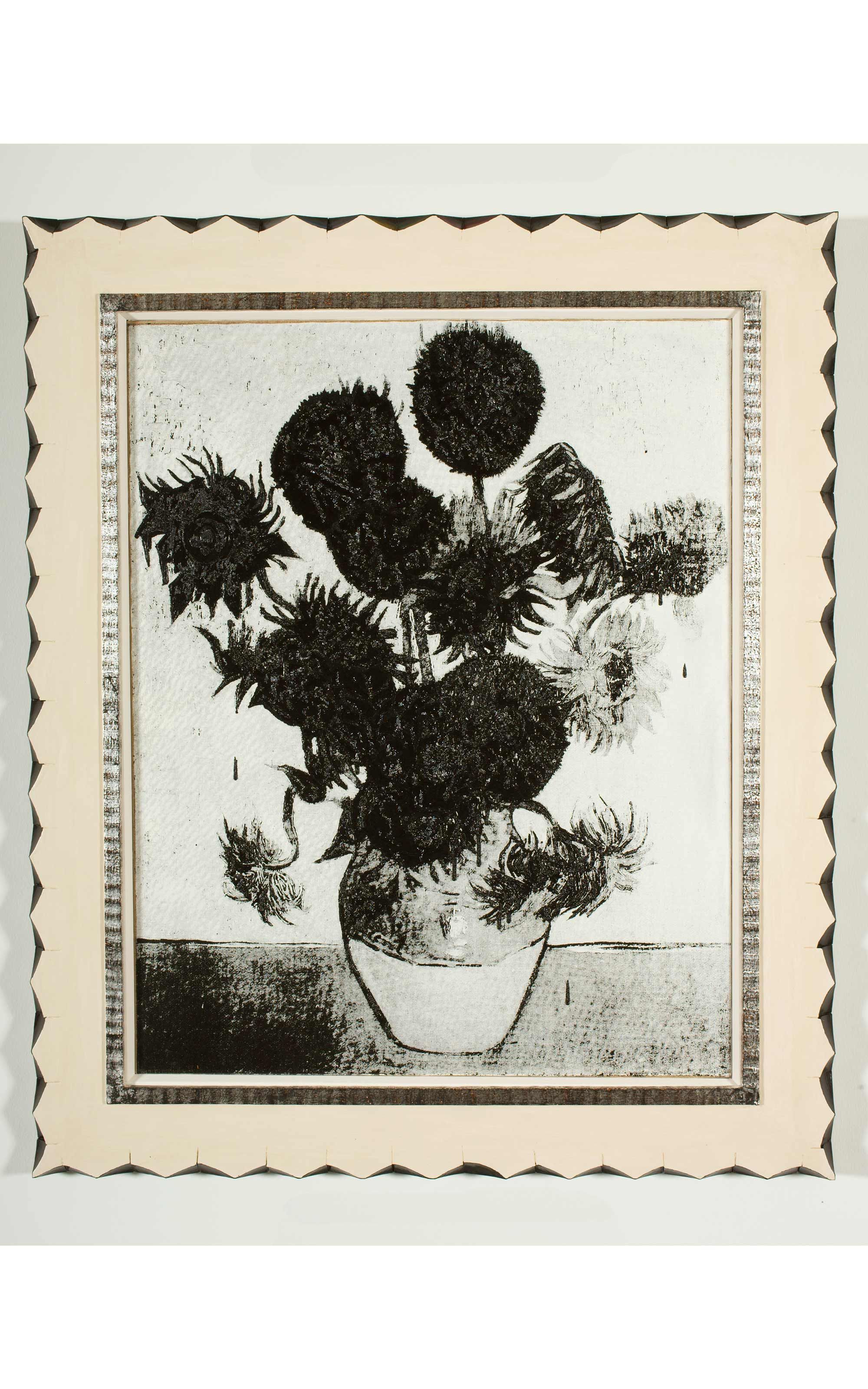 Reinvention of Van Gogh's Sunflowers turned into black weeping blooms.