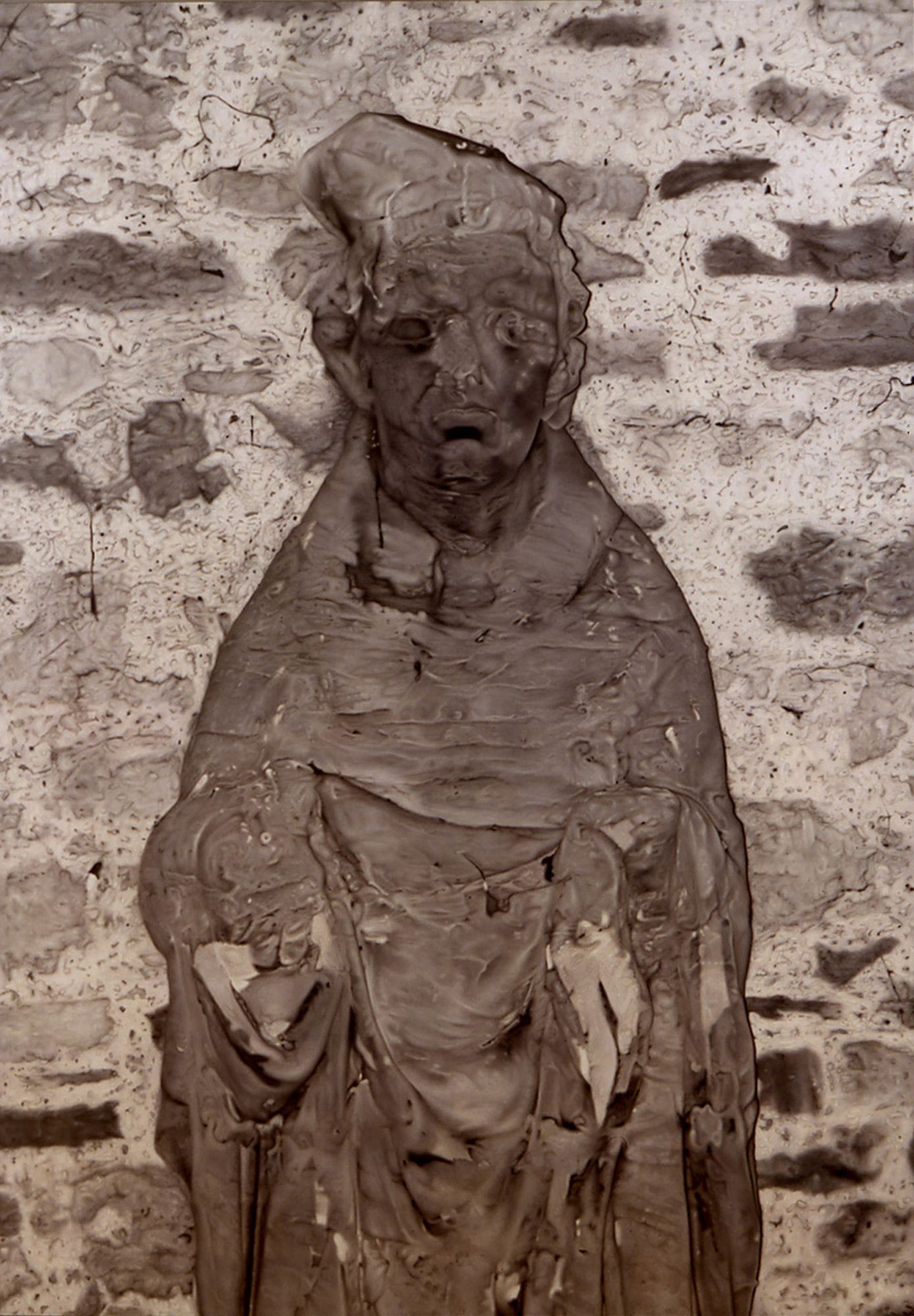 Painting of a medieval ruined saint sculpture falling apart painfully.
