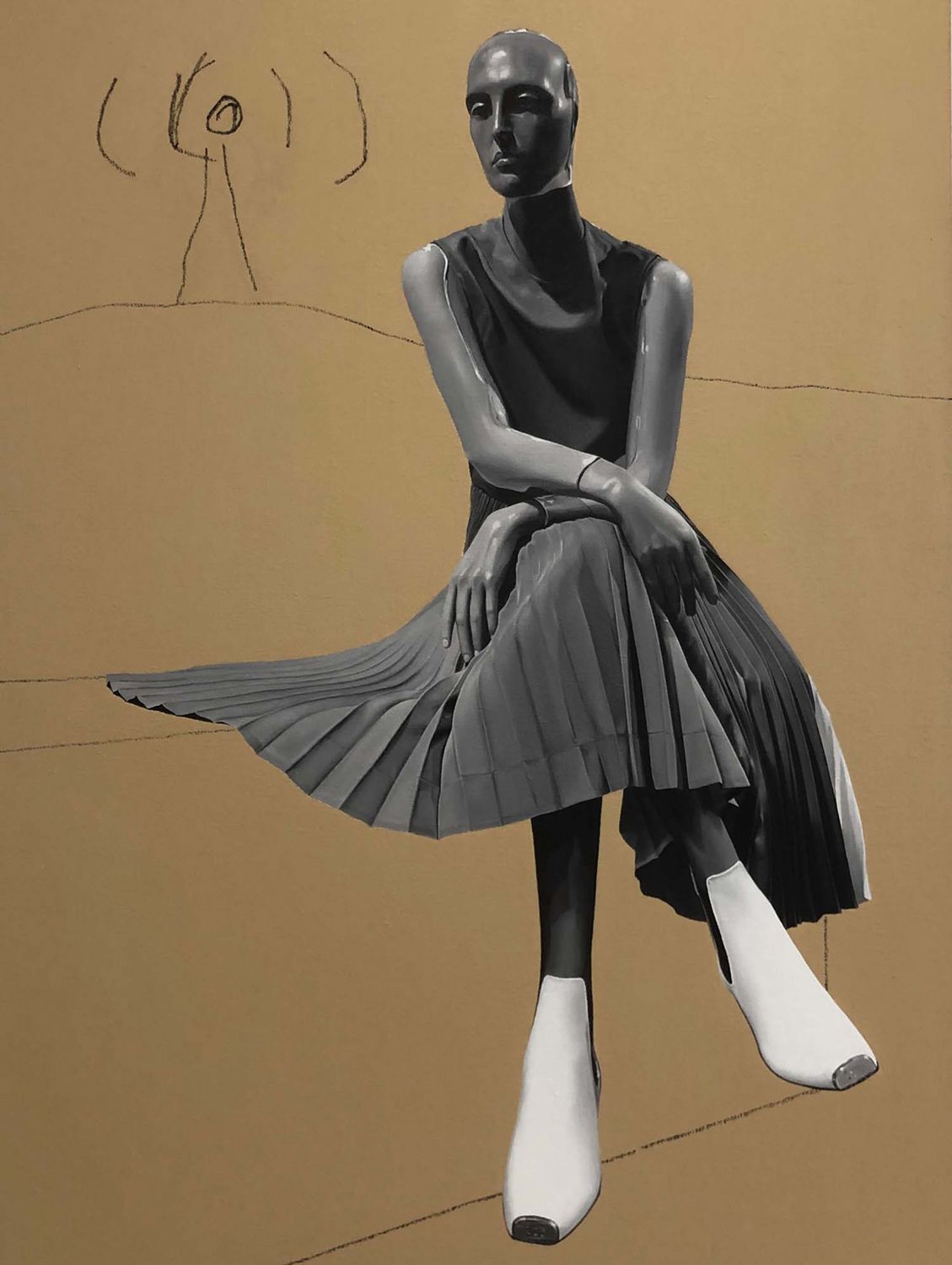 Sleek mannequin in a black dress seated with white ankle boots against a beige backdrop featuring a simple drawn figure.