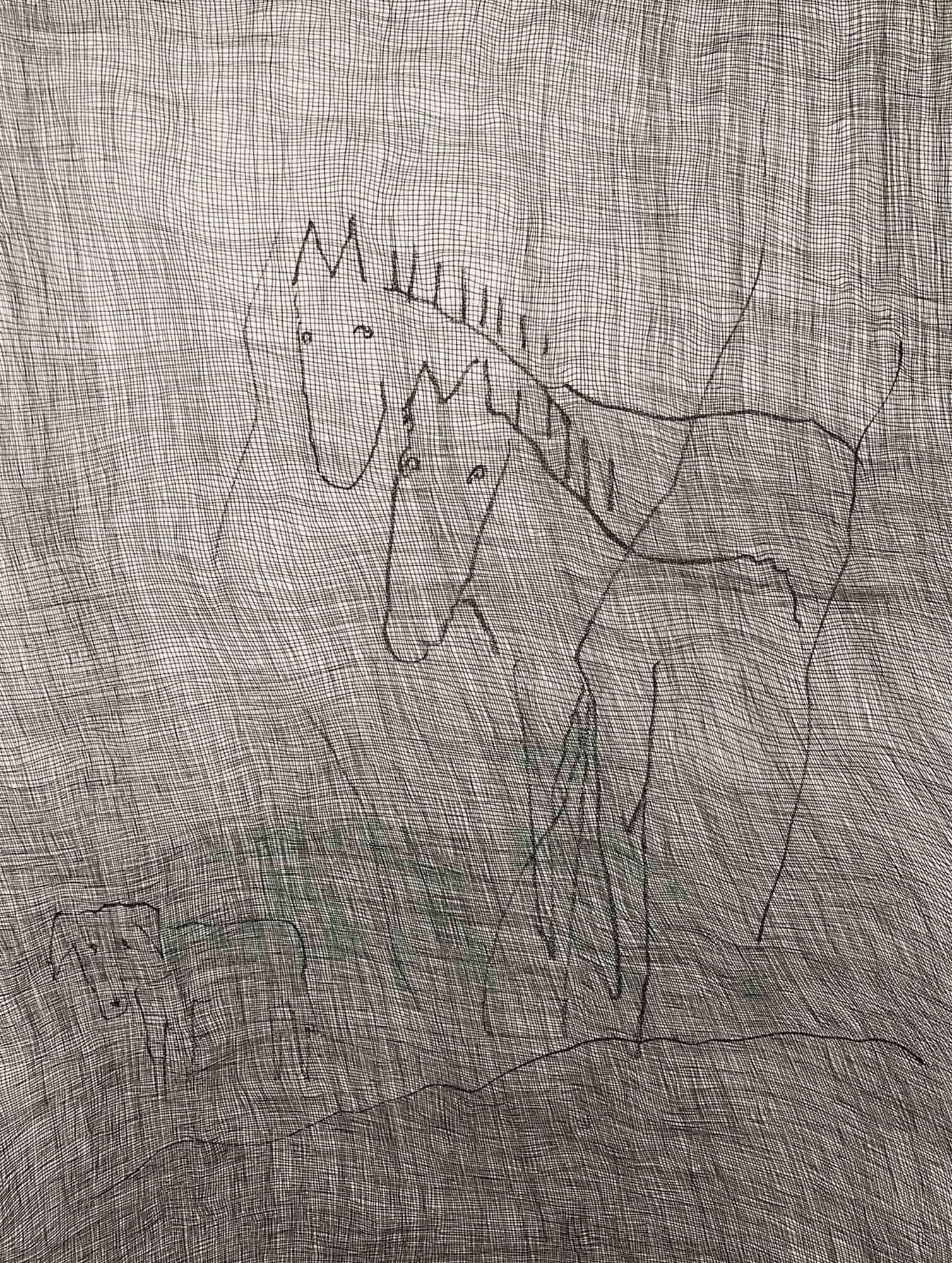Pen and ink art by Mark Alexander; abstract horses on a textured grid backdrop with subtle shading.