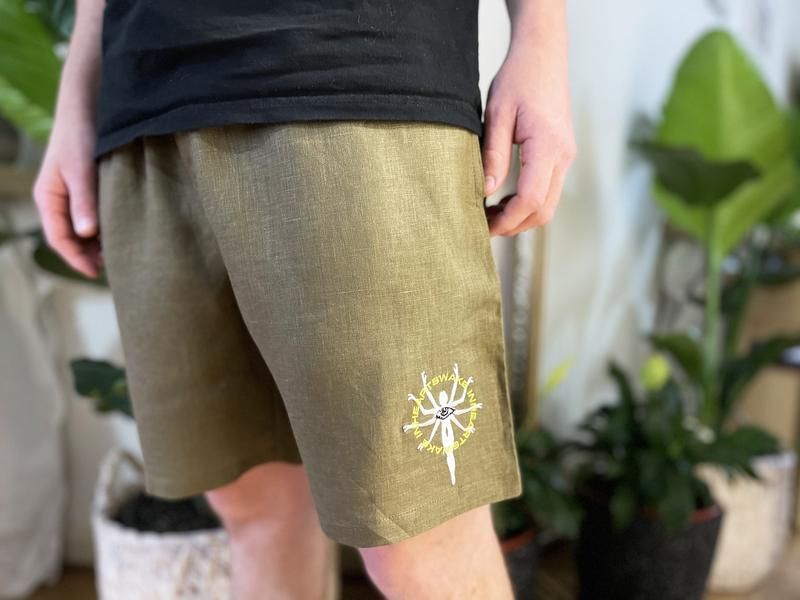 Embroidered Hemp Khaki Shorts