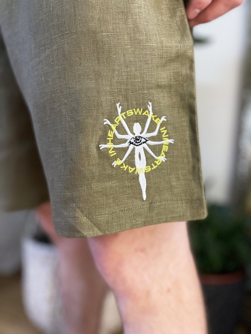Embroidered Hemp Khaki Shorts