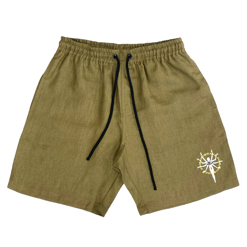 Embroidered Hemp Khaki Shorts