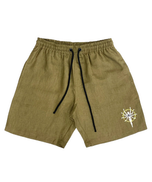 Embroidered Hemp Khaki Shorts