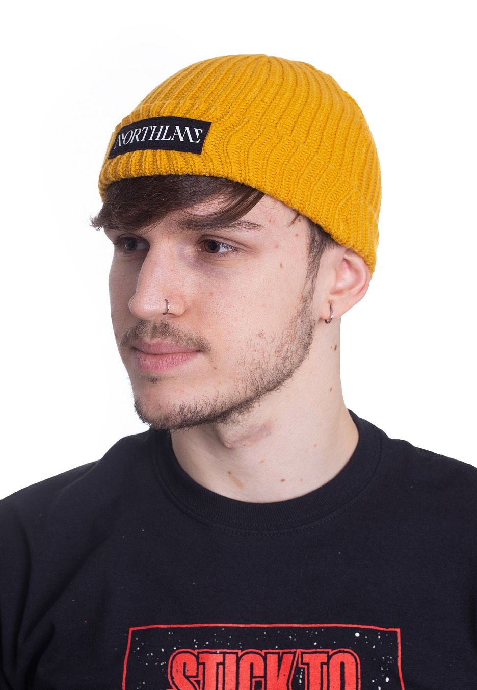 Mustard Yellow Beanie worn by a male model to show sizing.