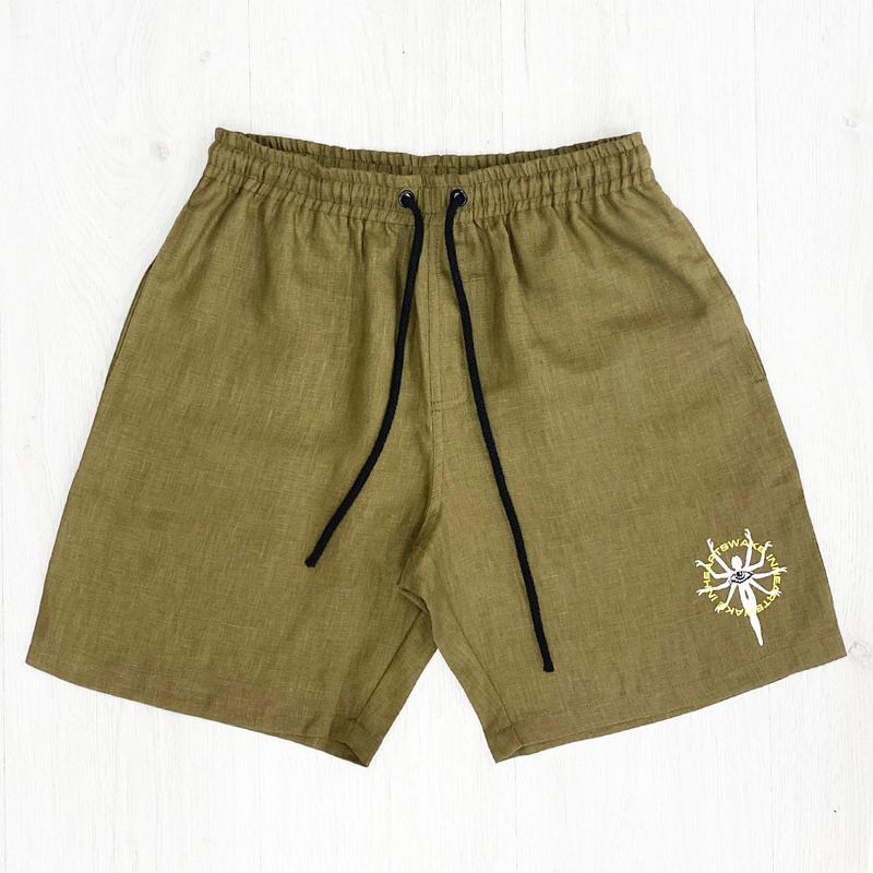 Embroidered Hemp Khaki Shorts