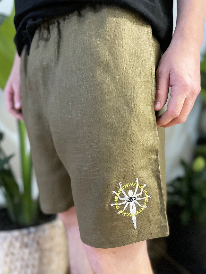 Embroidered Hemp Khaki Shorts