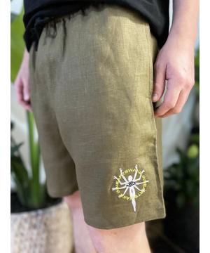 Embroidered Hemp Khaki Shorts