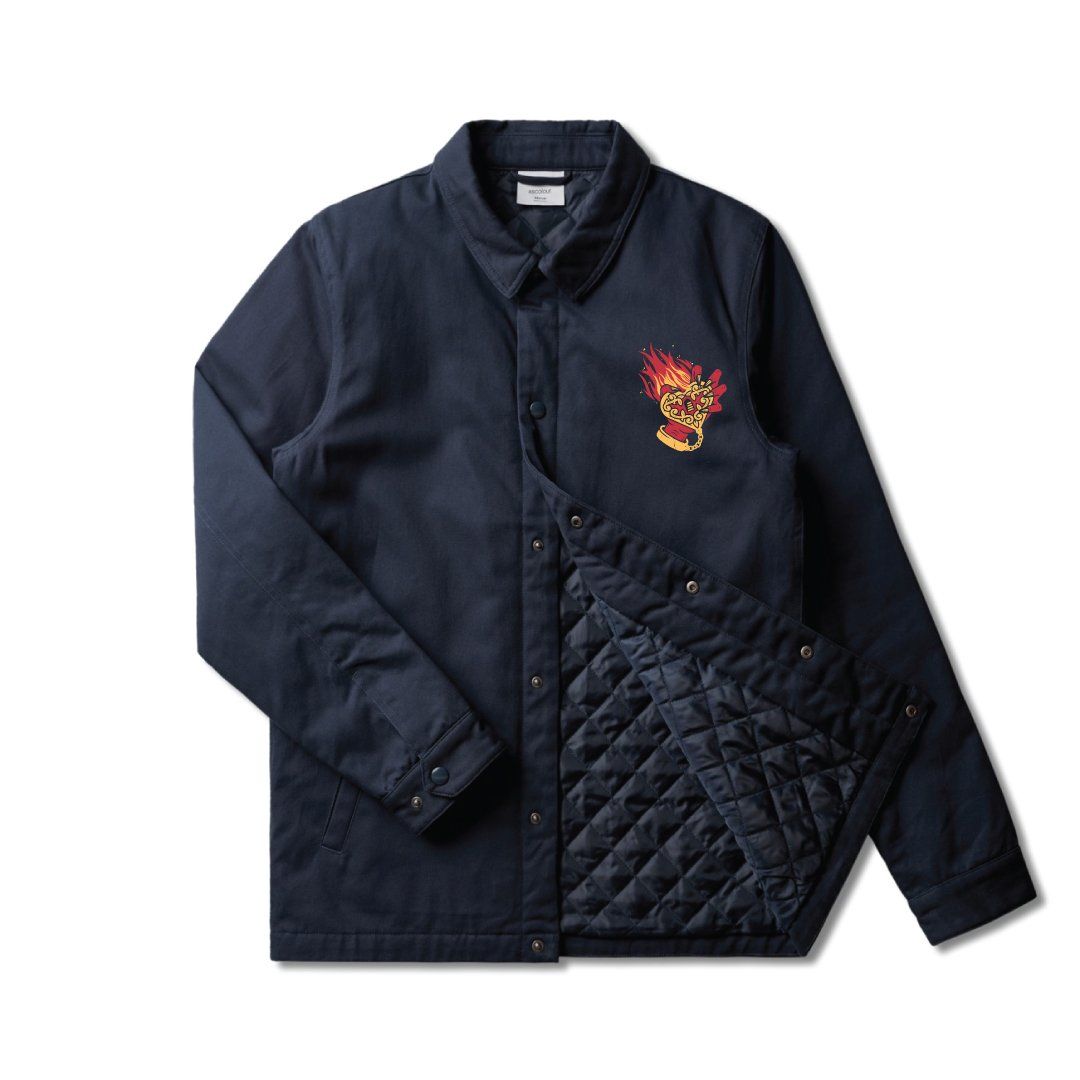 A waist length navy blue collared jacket with padded lining. On the left breast a red hand holds a flaming heart with a keyhole, chained to it's wrist.