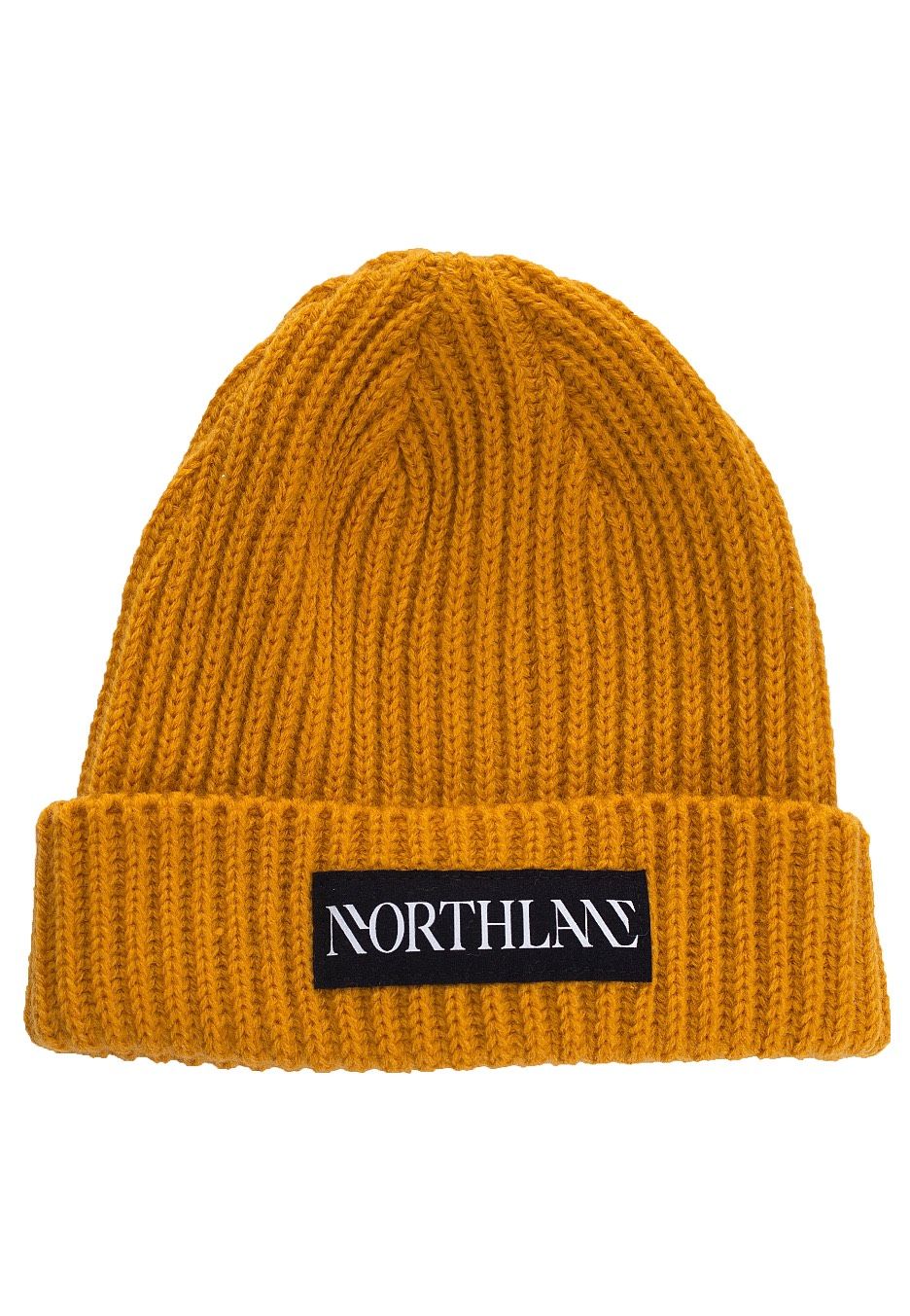 Mustard Knitted Beanie with black and white patch Northlane logo.
