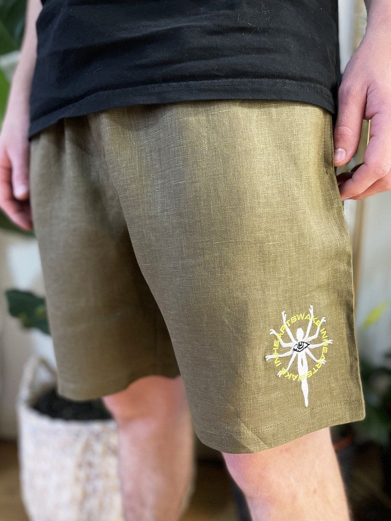 Embroidered Hemp Khaki Shorts