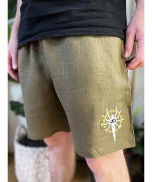 Embroidered Hemp Khaki Shorts