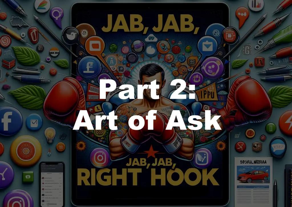 A cover for the Jab, Jab, Jab, Right Hook," by Gary Vaynerchuk book. It reads Part 2: Art of Ask.