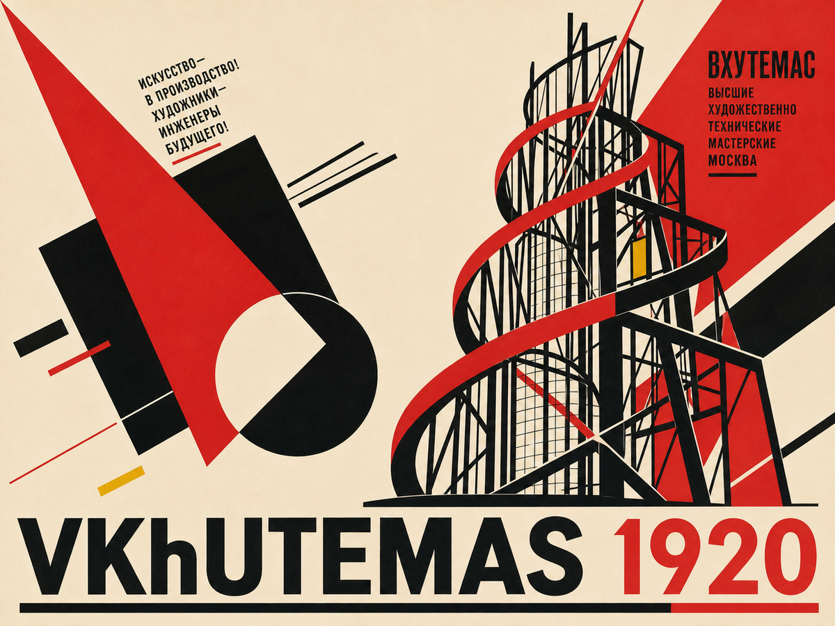 Composição construtivista soviética inspirada em Tatlin Tower e Lissitzky Proun