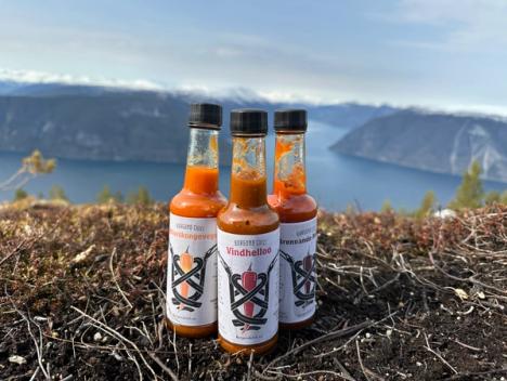Bilde av tre sauser fra Borgrund Chili med en fjord i bakgrunnen