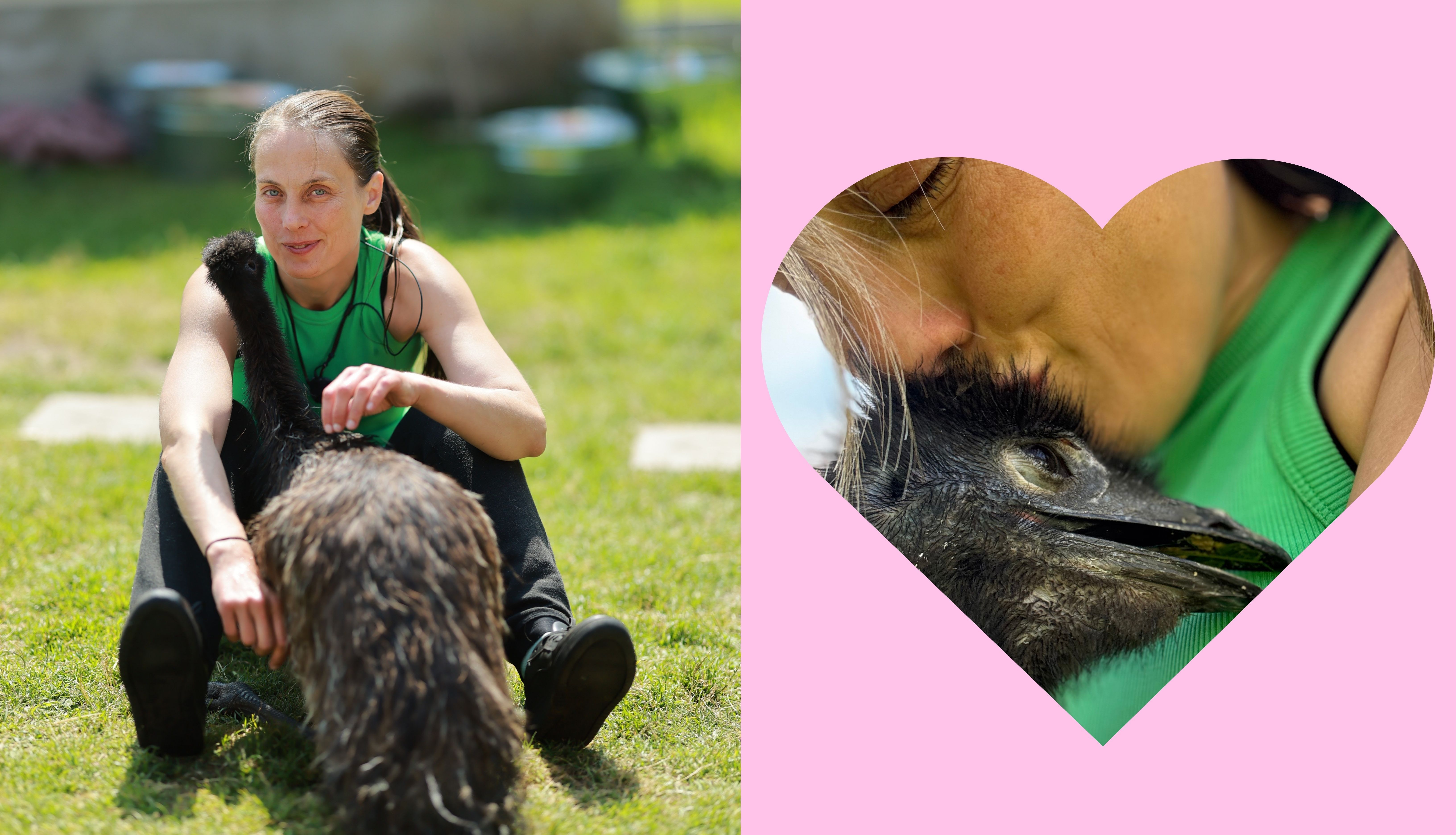 Kvinne koser med en emu