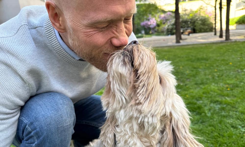 En hund stikker snuten opp i ansiktet til et menneske