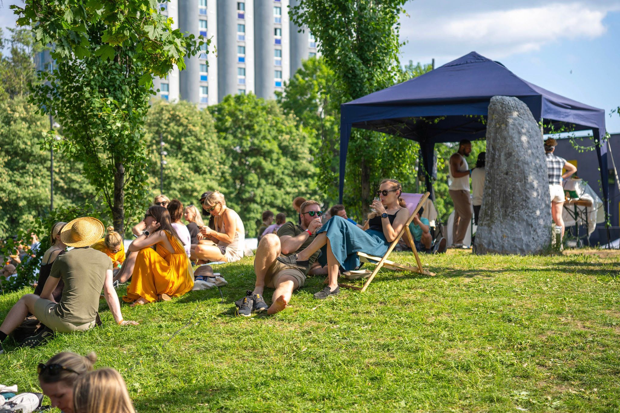 Folk som slapper av på gresset i sola