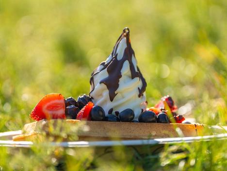Belgisk vaffel med iskrem, sjokoladesaus jordbær og blåbær fra Vafleriet. Foto: Mira Wickman